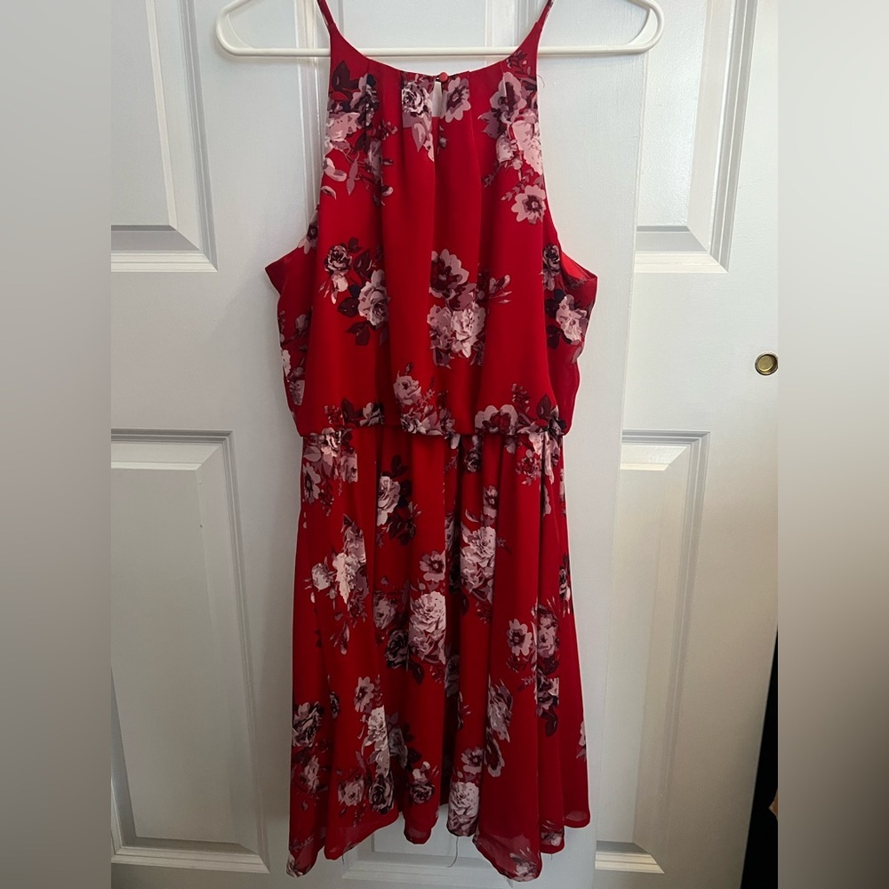 Blue rain red floral above knee halter dress - Picture 2 of 4